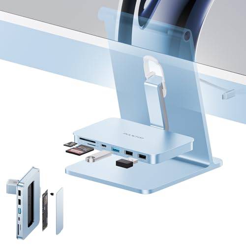 PULWTOP tillbehör för iMac 24 tum 2021/2023/2024, USB C-hubb för M1/M3/M4 och Studio Display, USB HUB med 10 Gbps, SD/TF, M.2 SSD-fodral (SSD ingår ej), iMac-adapter blå