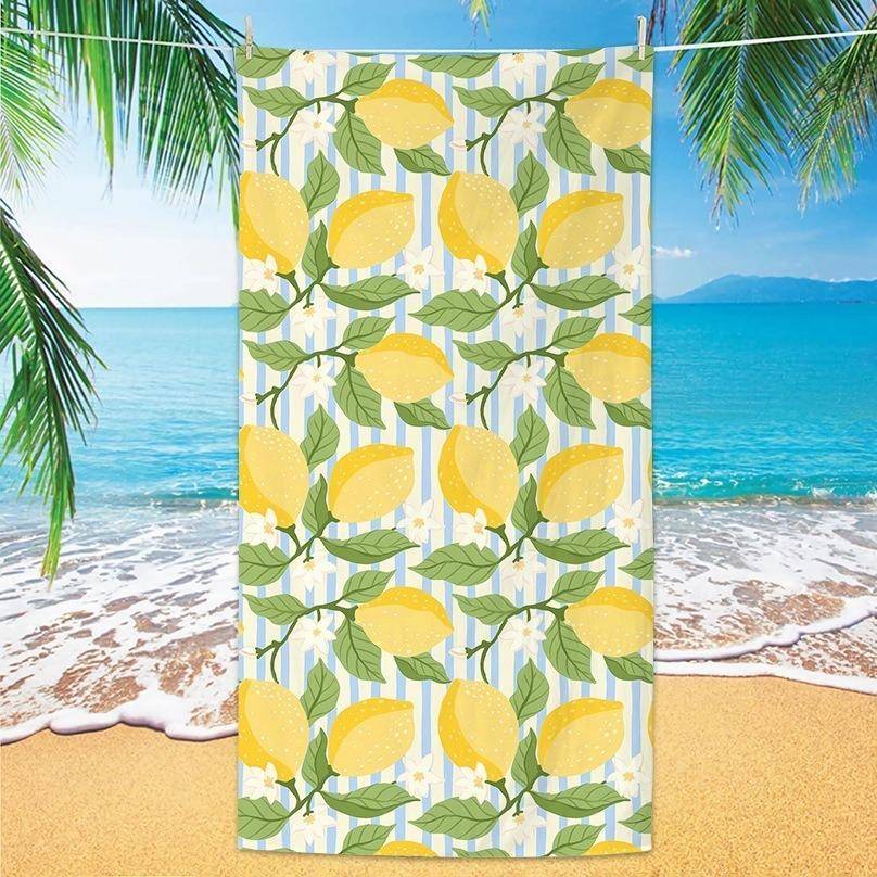 Medelhavs Citron Mikrofiber Strandhandduk Överdimensionerad Sommar Frukt Blå Vita Ränder Badhandduk Extra Stor Sandfri