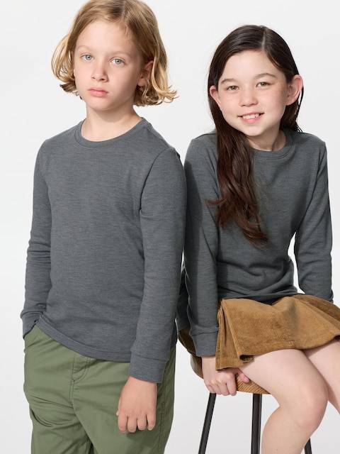 Uniqlo - Heattech Extra Warm Cotton Crew Neck T-shirt (heather, Long Sleeve) - Dark Grey - 3-4 Years (110cm)
