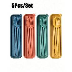 5 delar/set bärbart resebestickset med fodral, återanvändbart porslin inkluderar bestick, kaffesked, salladsgaffel, stekkniv, matpinnar, dessertsked o - Multifärgad (Rosa 1 set,Beige 1 set,Blå 1 set)