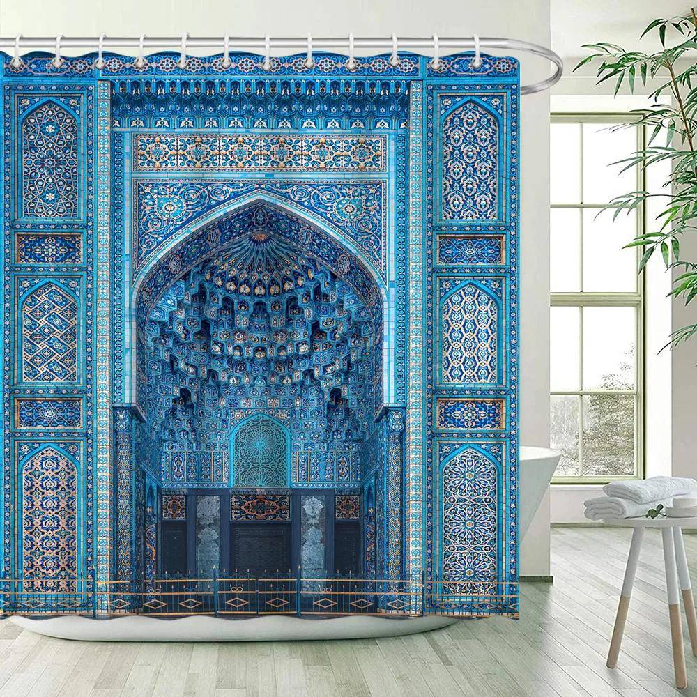 Marockansk Duschdraperi Bågad Ingång Blå Turkos Geometrisk Blommig Klassisk Konst Polyester Tvättbar Med Krokar