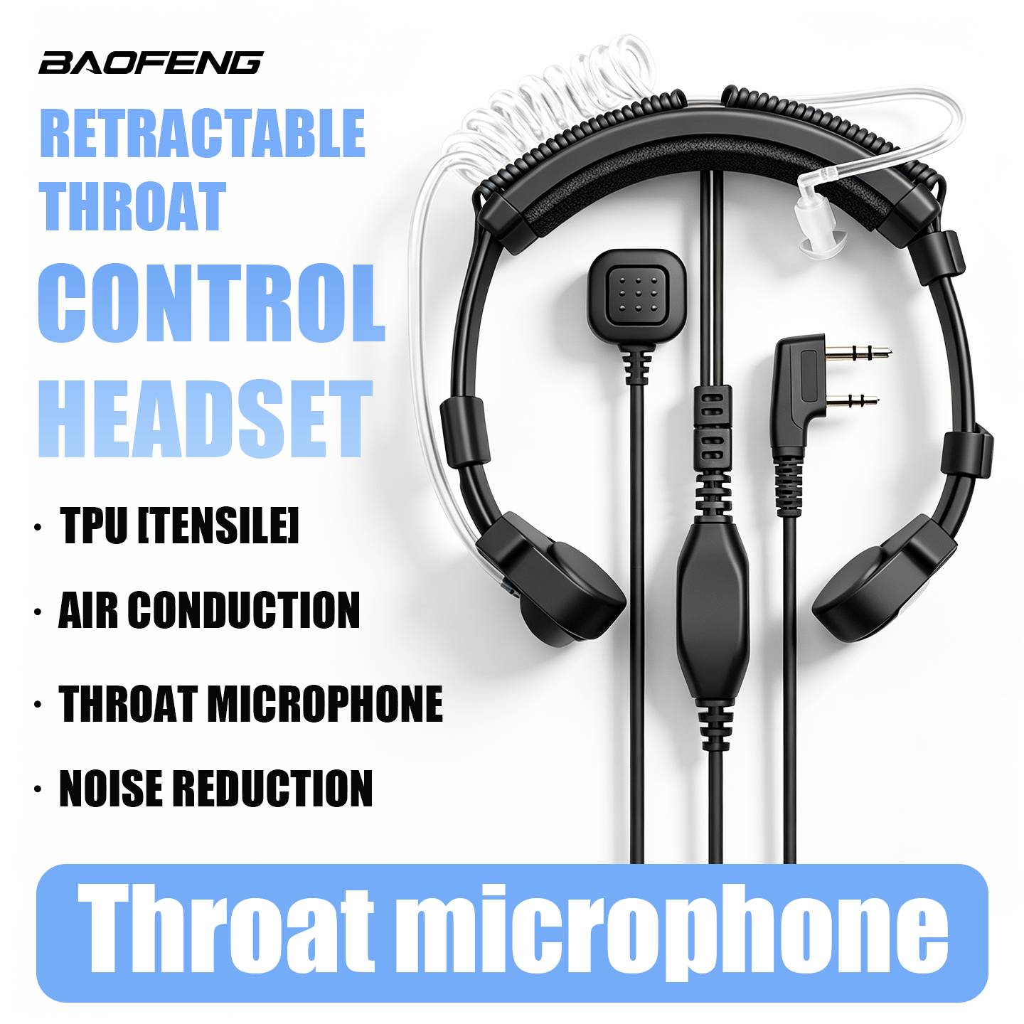 Baofeng Walkie-Talkie Headset with Throat Vibration, Throat Microphone, Throat Control, Air Duct, Ear Microphone, Finger PPT K H