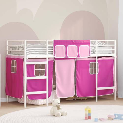 Barns LOFT SÄNG RAM med Gardiner Vit och Rosa 90 x 190 cm