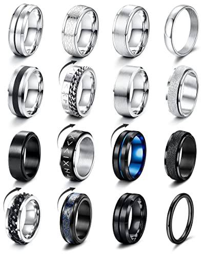 LOLIAS 16 stycken Fidget Ring Herrringar Rostfritt stål Herr Silver Svart Mattpolerad Polerad Band Ring Kitten Ring Vigselring Förlovningsringar för Män Kvinnor 54–70, 57 mm