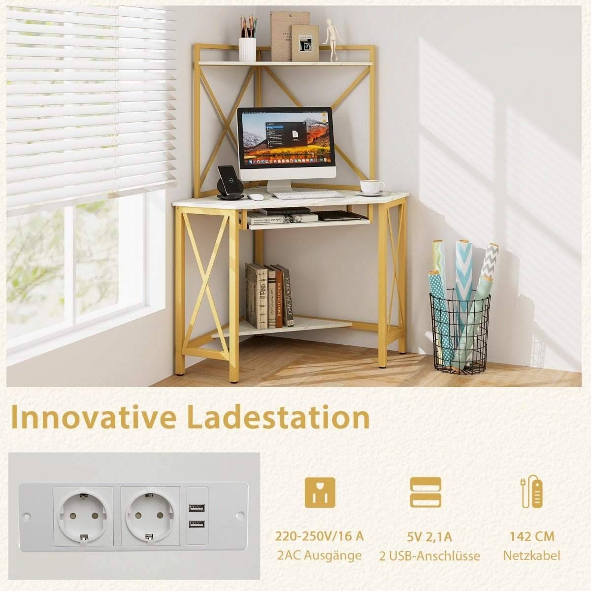 Skrivbord med laddstation hörn datorbord med tangentbordshylla & 2 hyllor 113 x 75 x 145 cm vit + guld