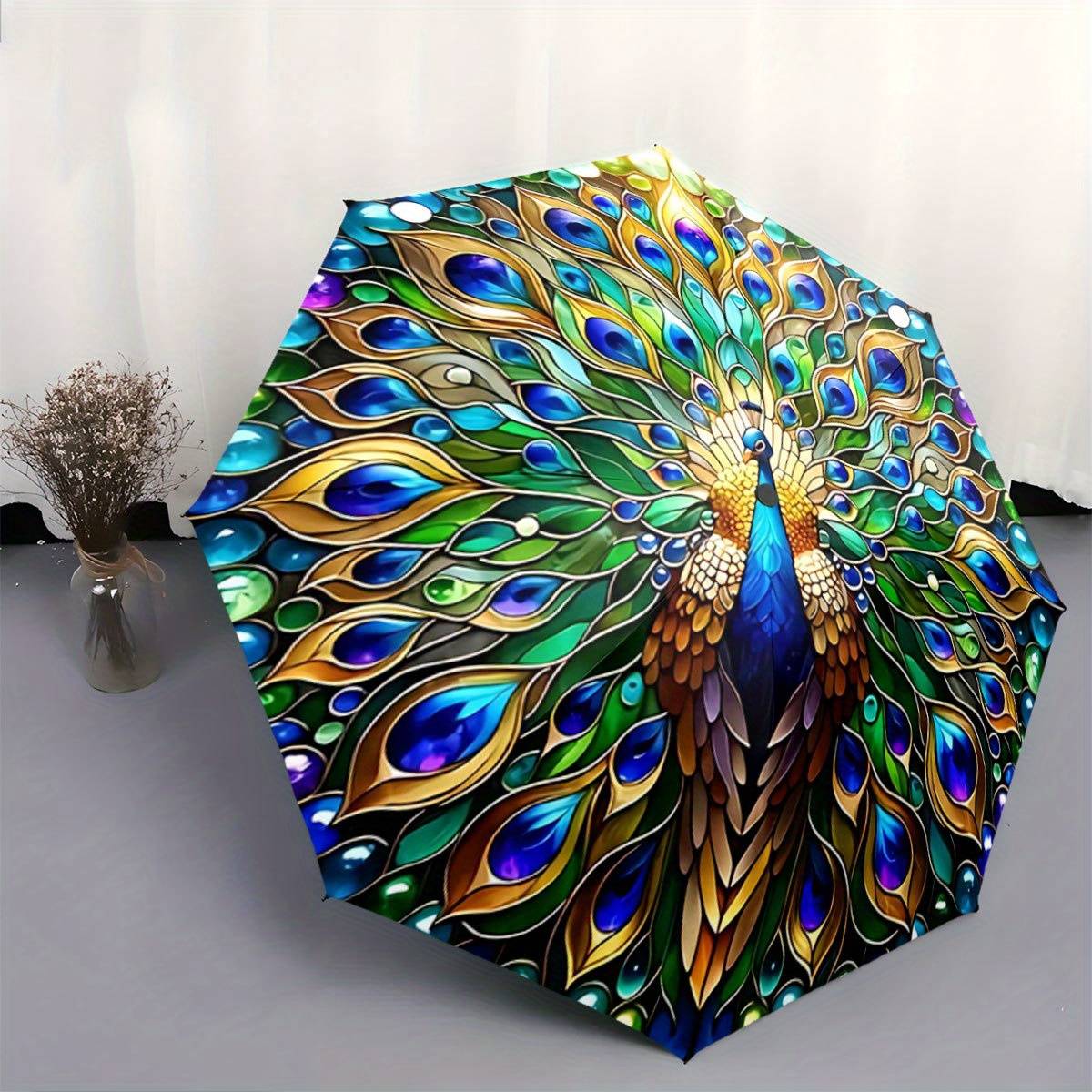 TEMU Automatic Folding Umbrella Peacock With . Portable Collapsible Design, Casual Outdoor Accessory, For All , Christmas Birthday Festival Gift