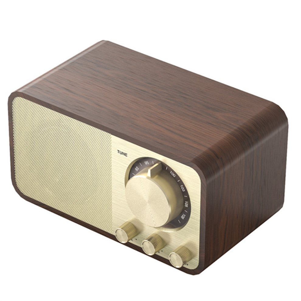 Bærbar retro FM-radio med Bluetooth og træsubwoofer