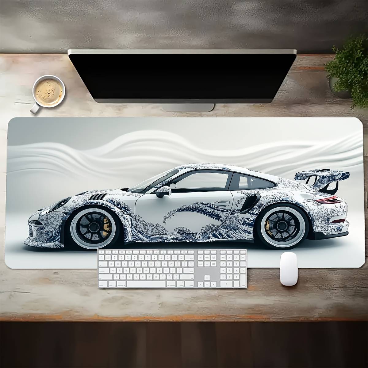 2d Flat White -e Style Sports Car Large Gaming Mouse Pad Desk Mat, 35.4 X 15.7 Inches Mouse Pad, Gaming Mouse Pad, Mouse Pad With Non-slip Rubber Base, Extended Mouse Pad Keyboard Mat