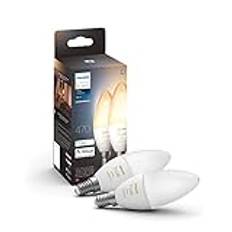 Philips Hue White Ambiance E14 Smart hem LEDlampa 4W (2pack), belysning med varm-till kallvitt ljus (2200–6500K), för sovrum & vardagsrum, röststyrning via Alexa, Google & Siri, Bluetooth/Zigbee