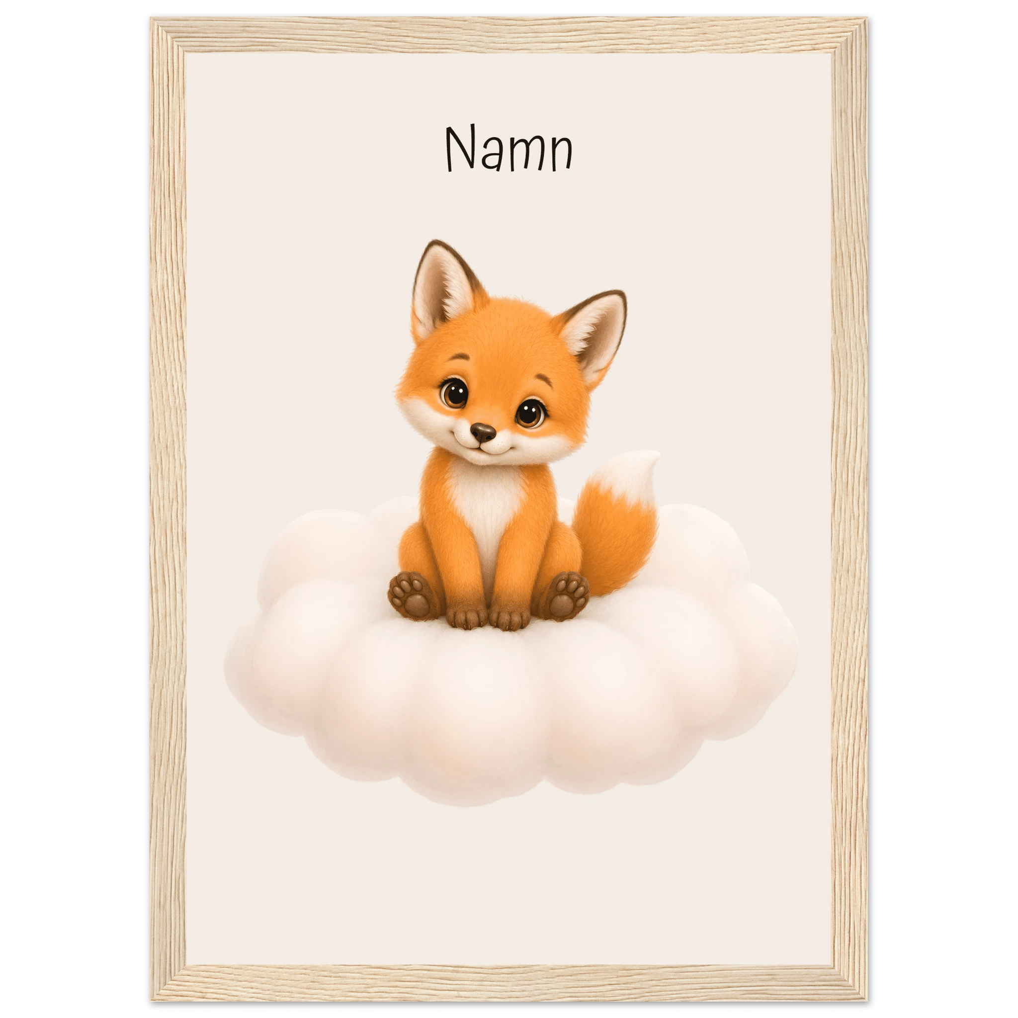 Räv på moln med namn-21x29.7 cm / 8x12" / Med ram / Ljust trä