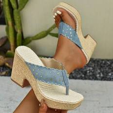 Women&#39;s Rope Braided Decor Bohemian Style Fake Linen Thong Wedge Platform Sandals. Fashionable Spring/Summer Thick Bottom High Heel Sandals. Suitable - Blue - EUR35,EUR36,EUR37,EUR38,EUR39,EUR40,EUR41,EUR42,EUR43