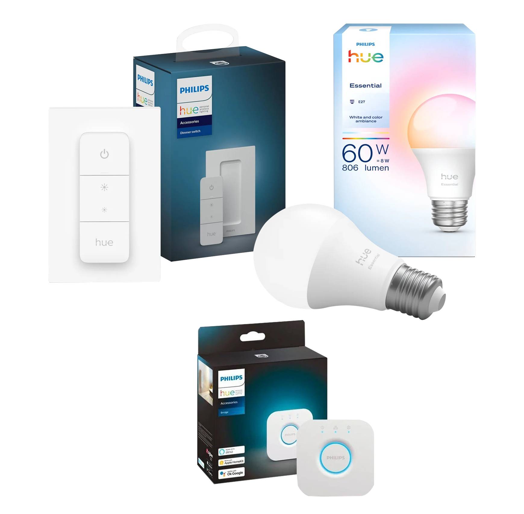 Philips Hue Essential A60 – E27 White Ambiance + Bridge 2.1 + Dimmer Switch – Paket