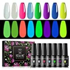 ROSALIND Gel Nagellack, Ljusande neonfärger Rosa Lila Blå Gul Grön Vit Färg, 5ML Gellack Set, UV LED Nagellampa, Manikyr Kit Halv Permanent, Gel Nail Polish 8pcs