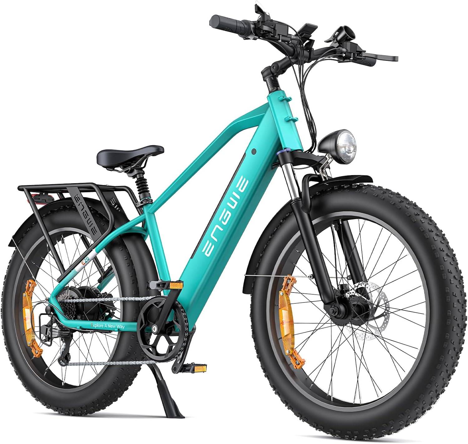 ENGWE E26 är en unisex elcykel, 26 tum bred, med ett 48V 16Ah batteri, 7 växlar, dubbel fjädring och en räckvidd på upp till 140 kilometer. L grön