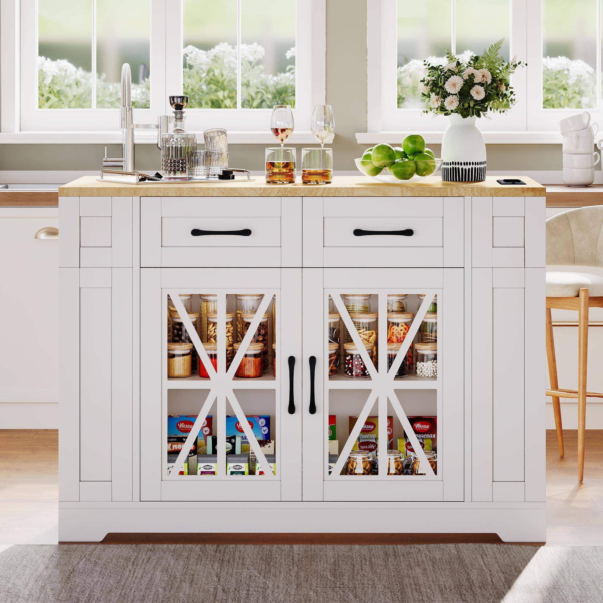 Mobile Kitchen Island with Foldable Tabletop and Sockets, Storage Buffet with Adjustable Shelves, 120L x 65W x 92H cm, White+Natural Aosom UK