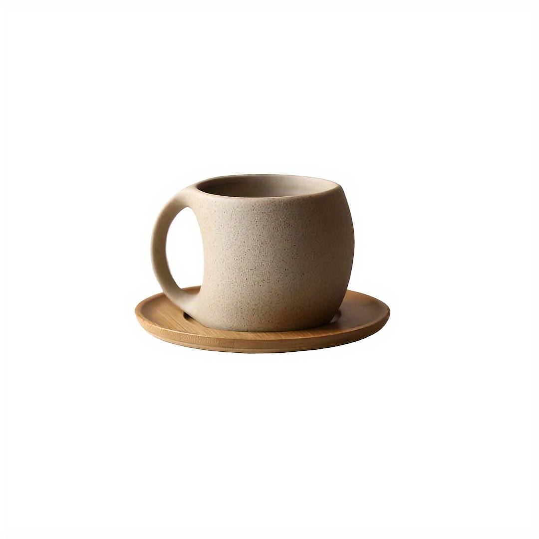 1pc Black Ceramic Coffee Mug With Wooden Saucer - 7oz/12.3oz, Microwave & Dishwasher Safe, Reusable &, Perfect For Tea, Coffee, Or Hot Beverages