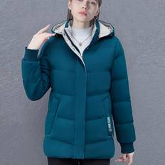 TEMU Elegant Women's Hooded Puffer Jacket - Stylish Long Sleeve Warm Outerwear With Pockets, Blue Polyester Lined Winter Coat For Women