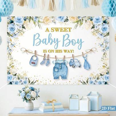 1 st blå tema babyshowerfest bakgrundsdekoration, söt bilmönster bakgrundsduk, könsavslöjande fest hängande banderoll med texten "En söt liten pojke k - Blå bebis (1 st 150*100 cm)