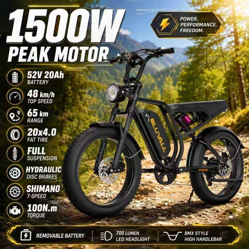 BLUVALL SU8 Elektrisk Fatbike 1500W 52V 20Ah 1040Wh Batteri 56KM/H Full Fjädring 20x4.0 Hydrauliska Bromsar 7-växlad Elcykel EU blå