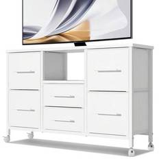 Kommod med laddstation, byrå för sovrum med 6 tygfack, 43,3 tum lång TV-bänk med öppen förvaringshylla, TV-bord med 4 hjul för vardagsrummet - Vitt