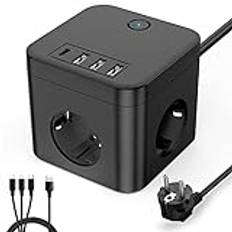 FISHOAKY Multiuttag Cube USB, grenuttag med 3 uttag och 3 portar USB 5V/2.4A 1 USB C-laddare, eluttag med överspänningsskydd för resor med kabel 1,5 m
