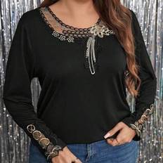 Plus Size Damer Casual Moderiktig mångsidig spetspanel T-shirt med krage, lämplig för fester, semesterevenemang, bäras ensam eller som lagerplagg, kyl - Svart - US22,US24/26,US28/30,US32/34