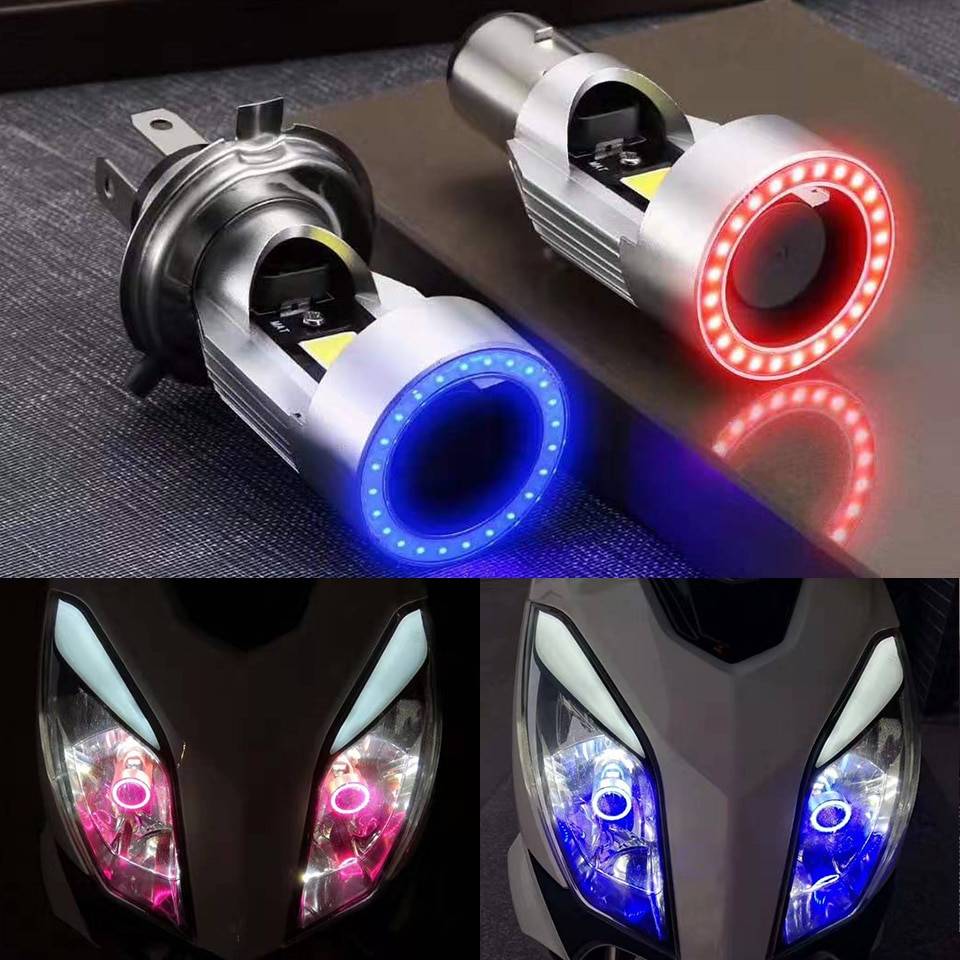 Blå / rosa angel eye h4 led motorcykel strålkastare ba20d hs1 h6 scooter motorcykel strålkastare glödlampa drl tillbehör 12/24v - H4 / Blå ängelöga