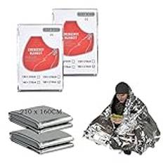 Nödfolie filtar, 1,6 x 2,1 m stor överlevnad termisk rymd filt första hjälpen för camping, vandring, maraton (2-pack)