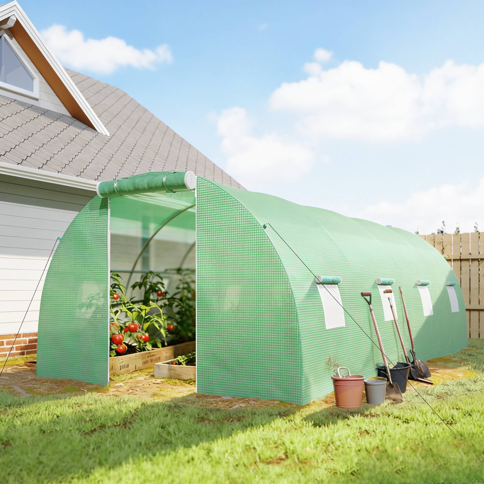 Drivhus i polytunnel med walk-in-funktion, 8 vinduer med insektnet, robust film, stålramme, 6 x 3 x 2 m, grøn