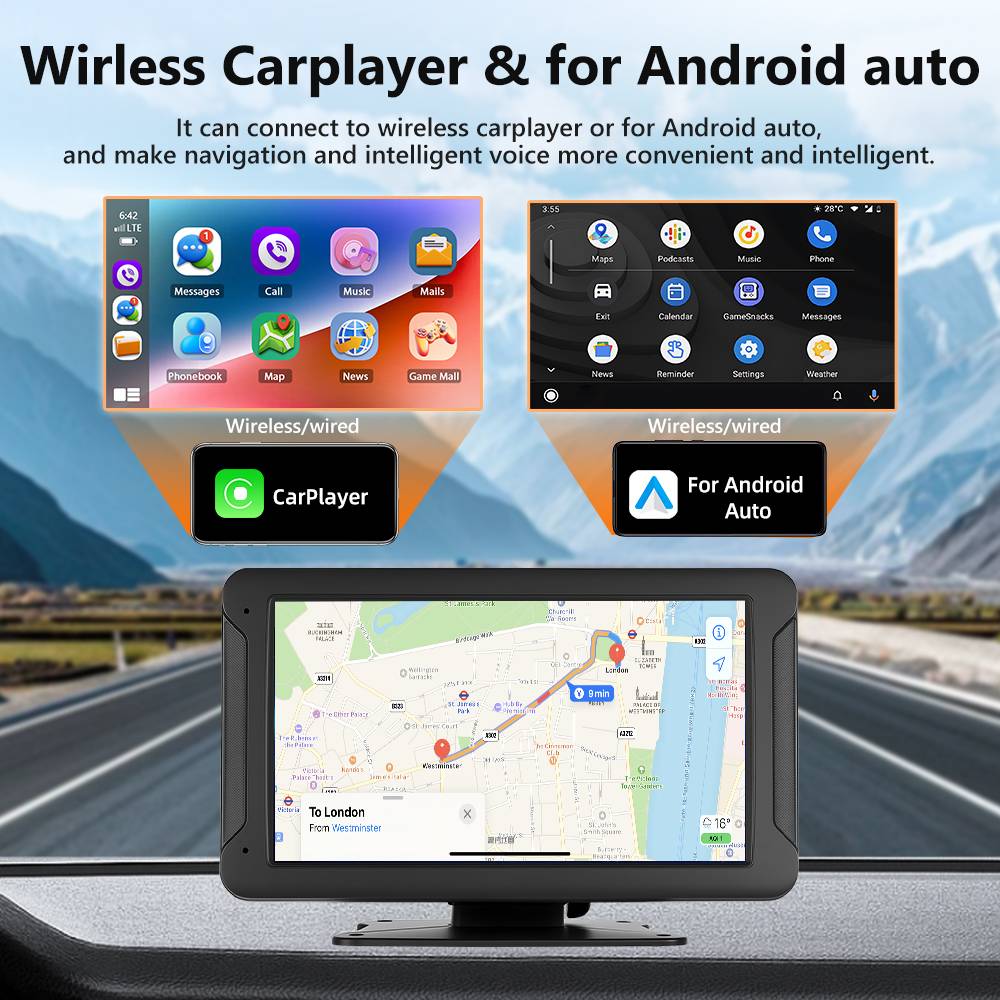 Podofo 7 Inch Portable Touch Screen Car Multimedia Radio Wireless Apple CarPlay Android Auto Mirrorlink Stereo Player Built-in Bluetooth FM AUX Input Support Reverse Rear View Camera For Universal