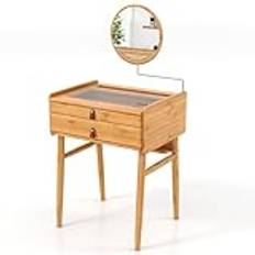 COSTWAY Sminkbord bambu, sminkbord med justerbar spegel och 2 lådor och glasbordsskiva, sminkbord toalettbord, för sovrum, natur, 60 x 46,5 x 125 cm