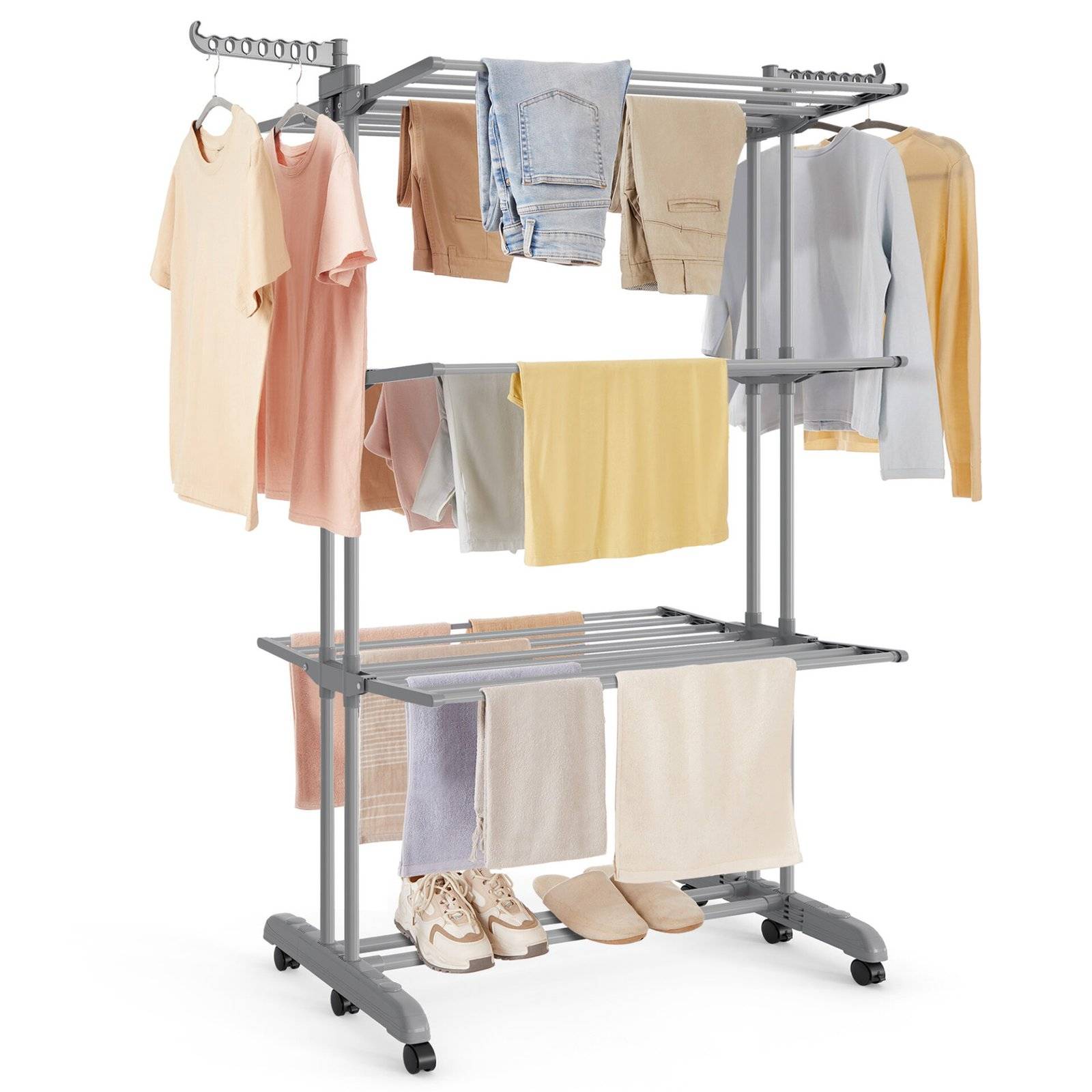 Stor tørrestativ, foldbart tørrestativ til tøj, 4-lags, 63,5 x 125,5 x 173 cm, duegrå.