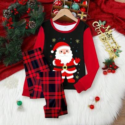 Barnens julset med röd långärmad topp med guldfärgat renmotiv och röd- och svartrutiga byxor, 2 delar, slim fit pojkpyjamas för höst/vinter - Multifärgad (8Y,9Y,10Y,11Y,12Y)