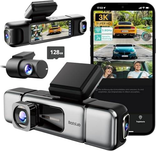 BOTSLAB 4 Kanal Dashcam Auto Vorne Hinten, 4 Channel 3K+3 * 1080P, Autokamera mit 128GB SD Karte, GPS 5GHz WiFi,3.18" IPS-Bildschirm,Super Nachtsicht,WDR, G-Sensor,Loop-Aufnahme,Parküberwachung