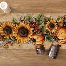 1pc 100% Line Table Runner - Pumpkin & Autumn Leaf Floral Design, Warm Orange-Brown Harvest Thanksgiving Decor For Kitchen Dining Table, Halloween Par - Multicolor - 33*160,33*183,33*200,33*90,33*120