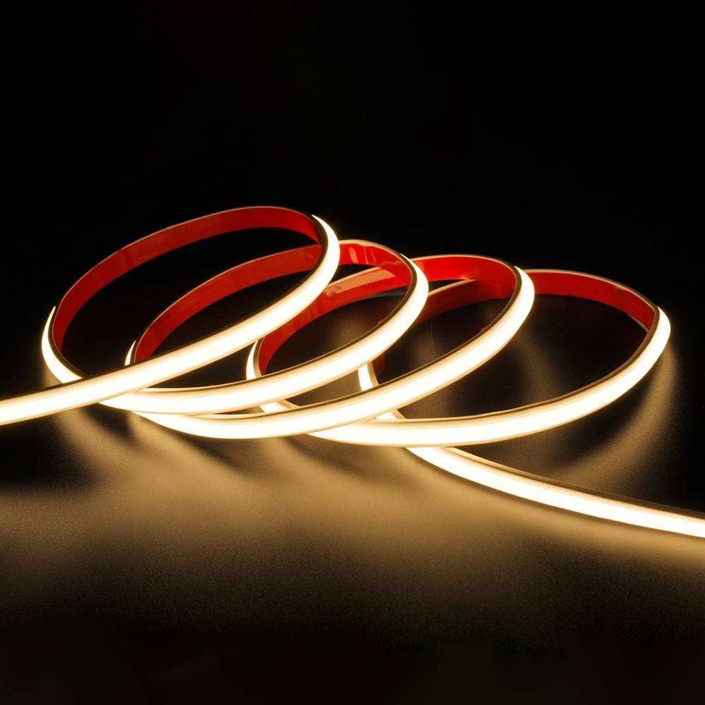 Vandtæt slim COB strip med 296 LED, 10W/m, IP67, 230V, tape bagpå - 10 meter inkl. stik, 3000K