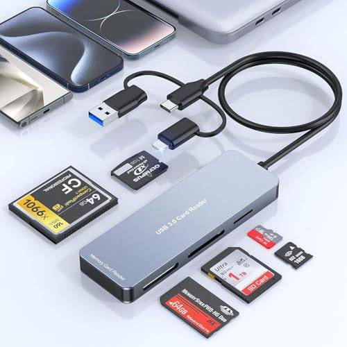 5-i-3 SD-kortläsare, multikortläsare aluminium USB C och belysning USB 3.0-kortläsare SD CF Micro SD XD MS,universell minneskortadapter för iPhone/iPad/Android-telefon, Windows/Mac/Android/Linux