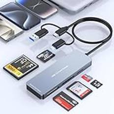 Rocketek 5-i-3 aluminium USB C & Lightning & USB3.0 multikortläsare för SD, CF, Micro SD, XD, MS, universal minneskortadapter för iPhone/iPad/Android-telefon, Windows/Mac/Android/Linux