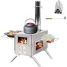 Camping Stove, Outdoor Tent Stove, Stainless Steel Tent Heater, Portable Wood Burning Stove with Chimney Pipes, for Camping, Heating And Cooking,Silver