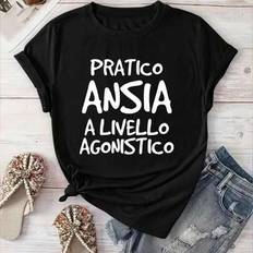 Dam Ljusgul t-shirt med italienskt tryck - "Practico Anisia Vive L'Angoscia" Grafisk t-shirt, Avslappnad kortärmad topp med rund hals för vår/sommar, - Svart (L,M,S,XL,XXL)
