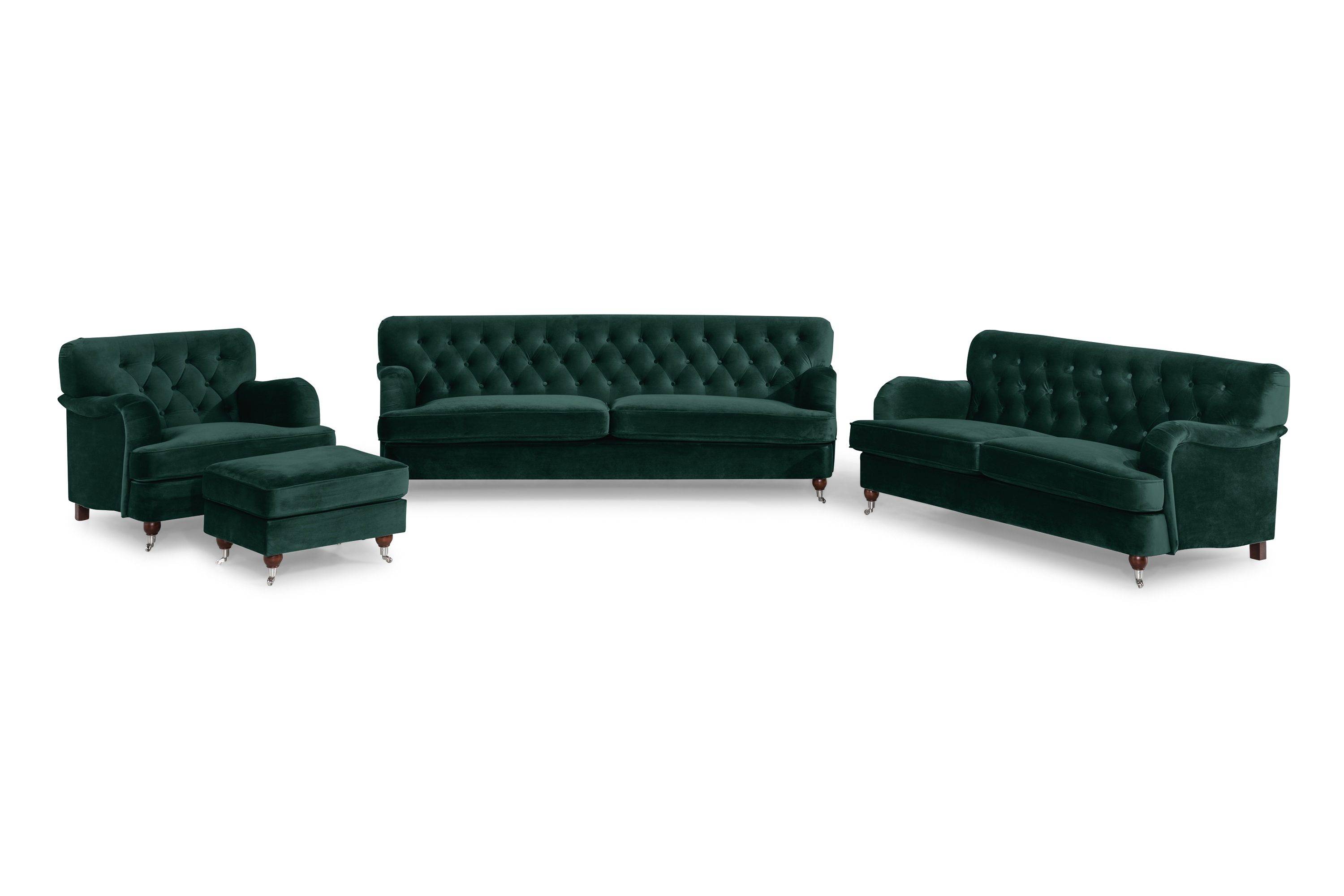 Howard Riviera Soffgrupp Svängd 3-sits + 2-sits Soffa + Fåtölj + Fotpall i Sammet - Grön Soffgrupper