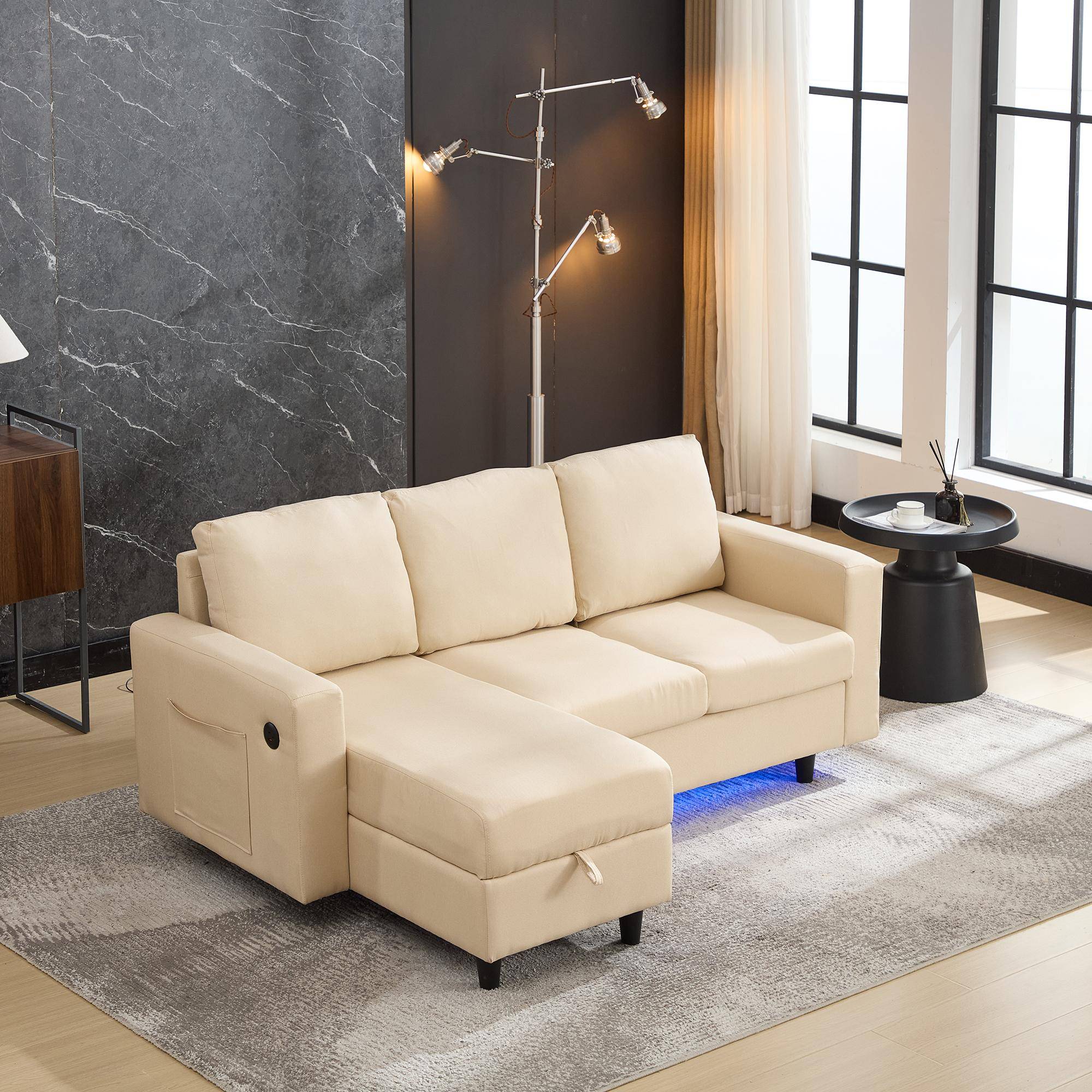 L-Shaped 3 Seater Couch Sofa with Reversible Chaise, Type-C Charging, Convertible Sleeper for Living Room, 180x120x72 cm, Beige Aosom UK