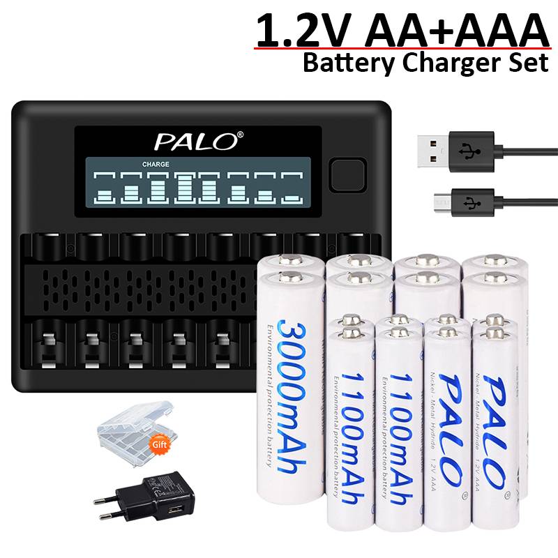 4-8Pcs 1.2V AA+AAA NIMH Battery With Charger for AA AAA NI-MH Rechargeable Batteries 8 Slot LCD Display Battery Charger Set
