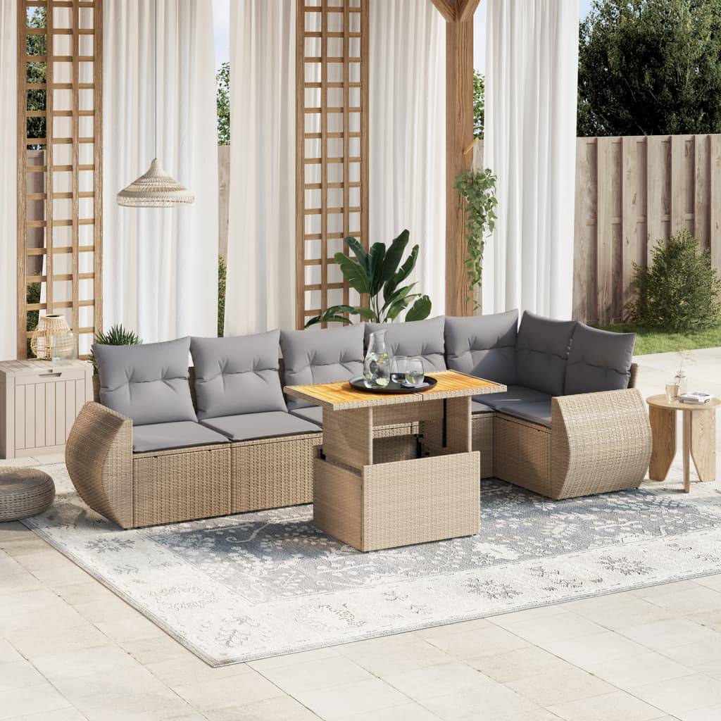 Sofasæt Til Haven 7 Dele Med Hynder Polyrattan - Beige og lysegrå / 3X midterdel + 3x hjørnedel + bord