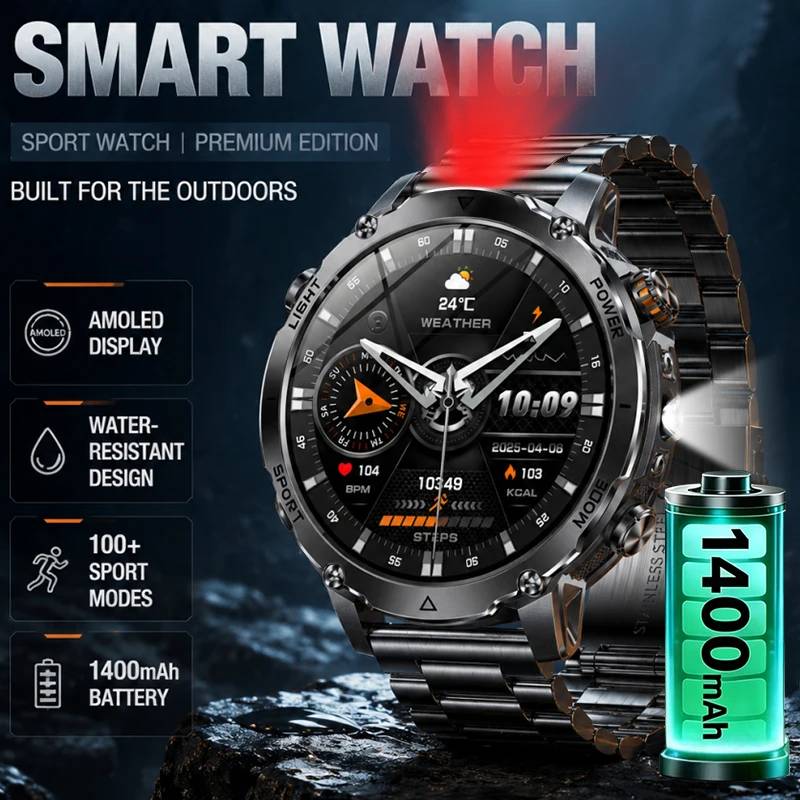 LIGE 1400mAh Big Battery Smart Watch Men Outdoor LED Flashlight IP68 Waterproof Bluetooth Call AMOLED Military Sports Smartwatch