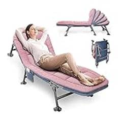 YUODIJIO Hopfällbar campingsäng | bärbar fältsäng med kudde | Utomhussäng med sidofickor | resesäng med justerbart ryggstöd | kontorssäng | gästsäng (rosa)