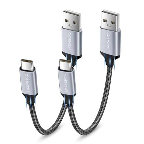 aceyoon USB C-kabel, kort, 20 cm 2 stycken, 3 A kort typ C-kabel, 0,2 m, nylon, flätad USB A till C, snabbladdningskabel och datakabel, kompatibel med Galaxy S24 S23 S22 S21, för pixlar, för Huawei