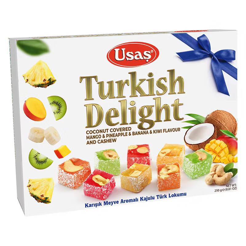 Kokosnöts täckt Turkisk Delight med mix frukt-smak och Cashew