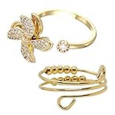 XiXiRan Ångestring, 2 st, fidget ring guld, justerbara damringar, snurrringar för kvinnor, anti-stressring, justerbar ångestring, legering, vintage modetillbehör, guld