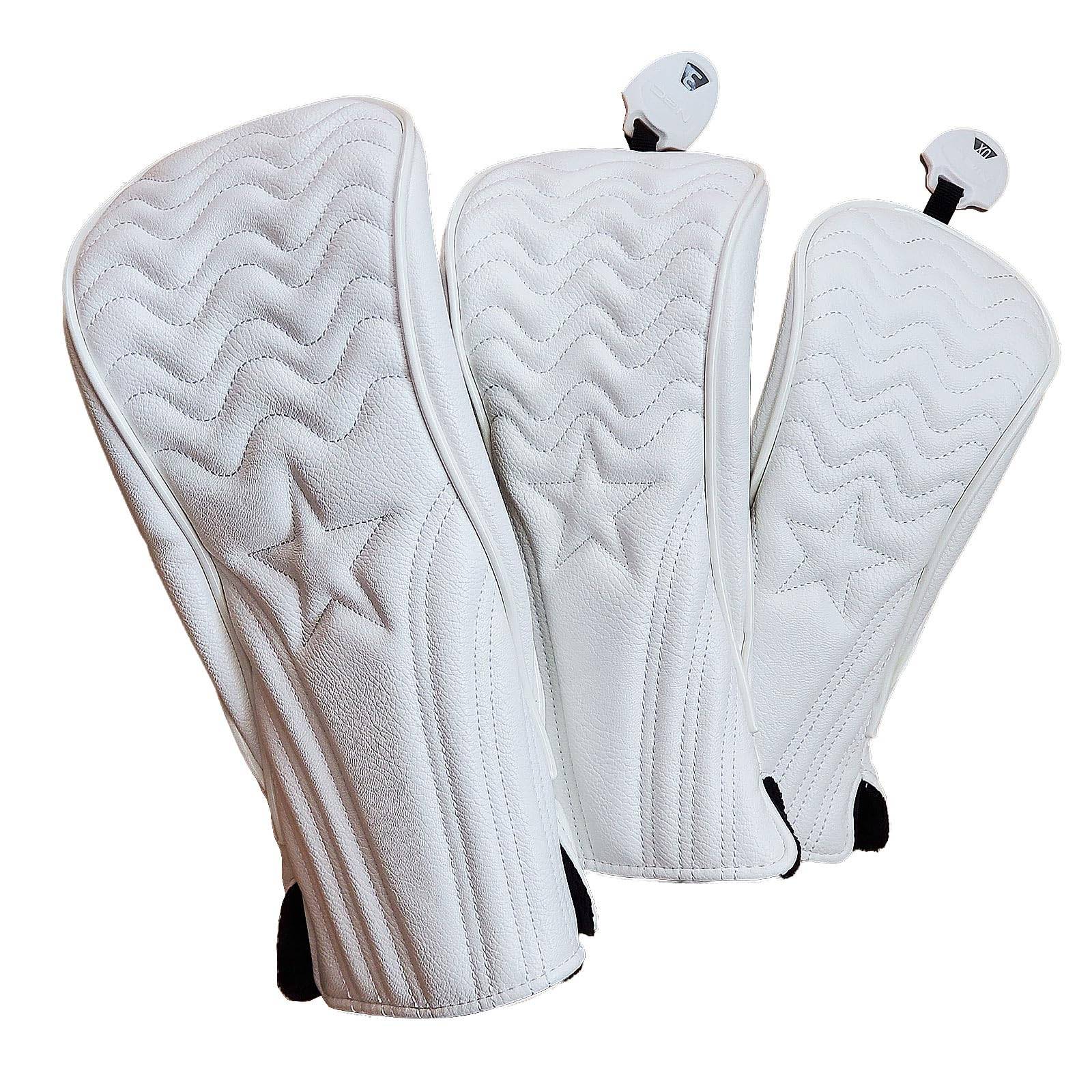 Golf Head Cover Club Cover Driver 440cc 460cc Wood Utility UT Cover Putter Cover Waterproof Stylish Wave Star Pattern Set (White, 3-Piece (DR,FW,UT))